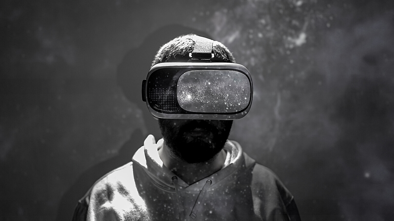 virtual reality metaverse concept. young man with virtual re